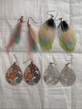 Pastel Feather Drop Earrings - Multicolor Feather Teardrops